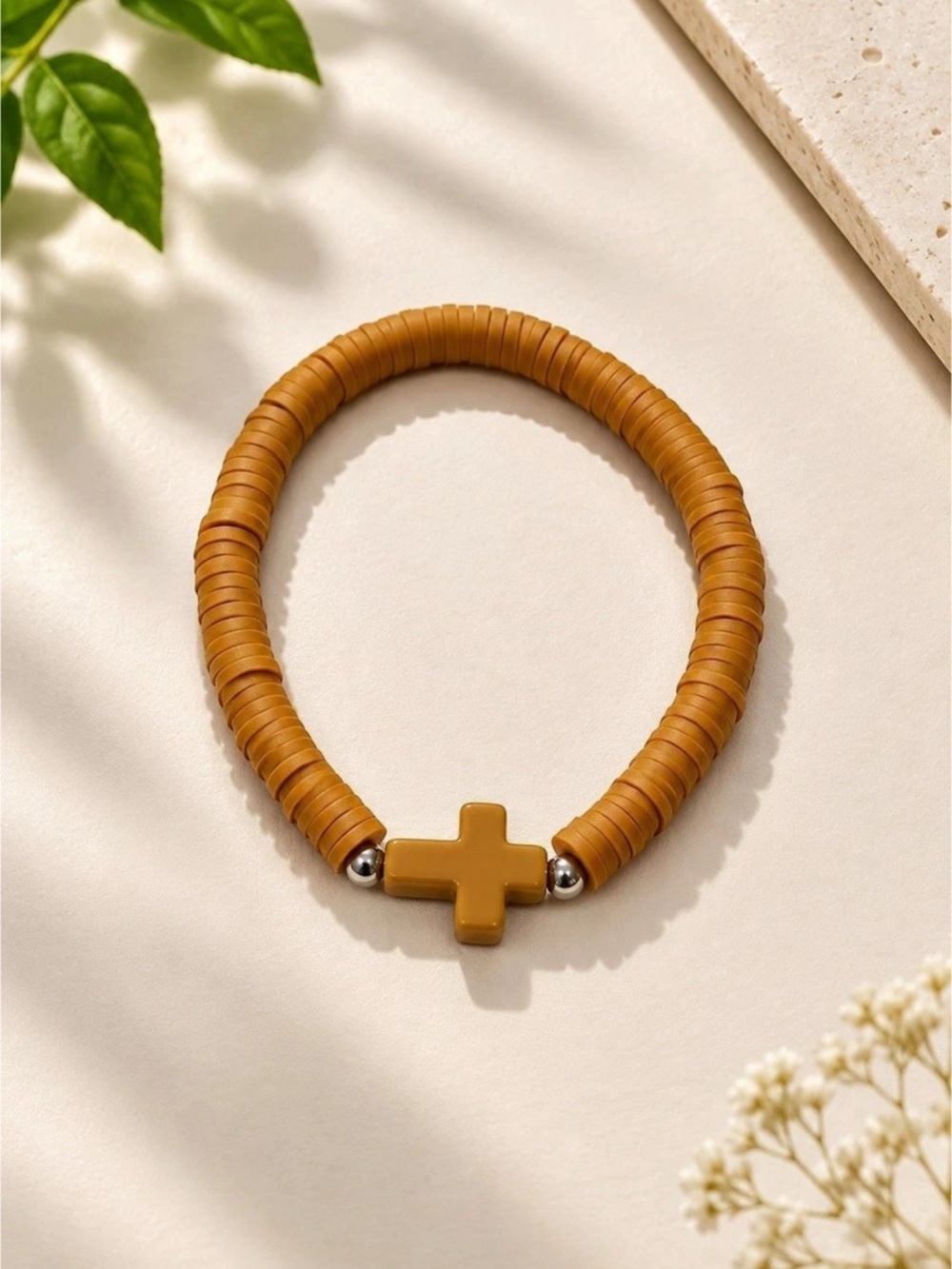 Brown & Gold Beaded Cross Bracelet